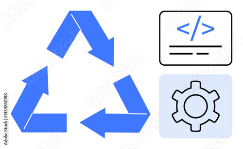Blue arrows in a recycling triangle, a coding snippet, and a gear visualize sustainability, technology, and processes. Ideal for workflow, ecology, coding, efficiency system design and a simple