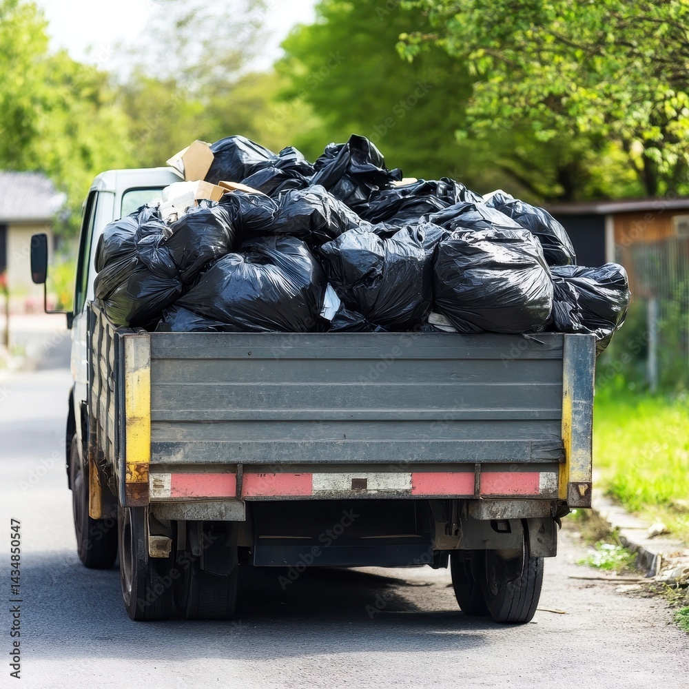 A garbage truck loaded with black trash bags drives down a tree-lined street, showcasing waste management in urban areas.