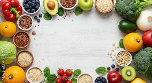 Fototapeta Naklejka Na Ścianę i Meble -  Healthy food arrangement with fruits vegetables seeds and nuts on white background.