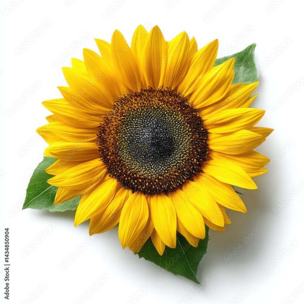 Obraz premium Bright sunflower with green leaves isolated on white background