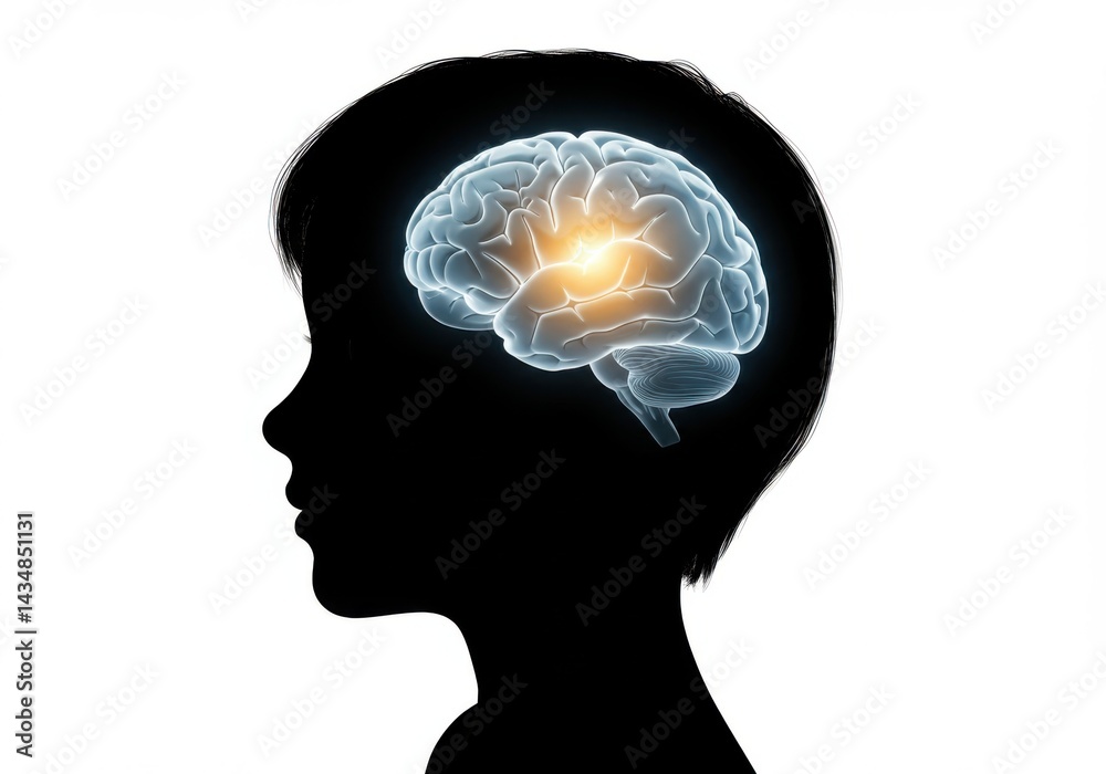 Obraz premium Silhouette of a head with a glowing brain inside the head area isolated on white background