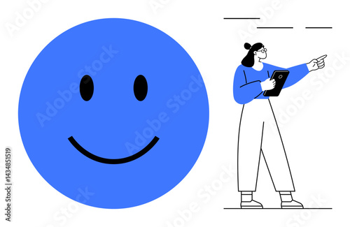 happy face symbol in blue paired with a professional woman holding a clipboard and pointing. Ideal for teamwork, motivation, communication, positivity, planning, strategy, simple landing page