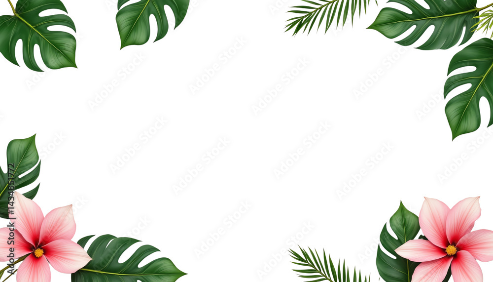 Naklejka premium Tropical leaves and flowers frame a blank space.