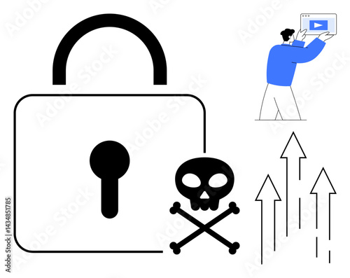 Large padlock, skull and crossbones symbolizing threats, arrows representing risks, person with laptop. Ideal for cybersecurity, data protection, encryption, online safety, hacking awareness threat