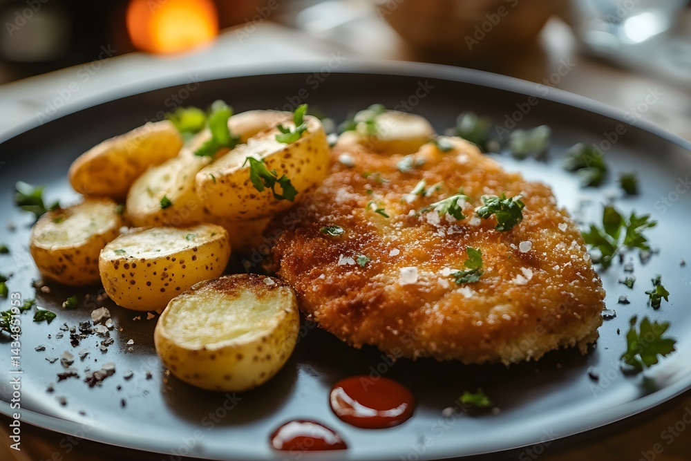Crispy Schnitzel Served with Golden Fried Potatoes Crispy Schnitzel Served with Golden Fried Potatoes