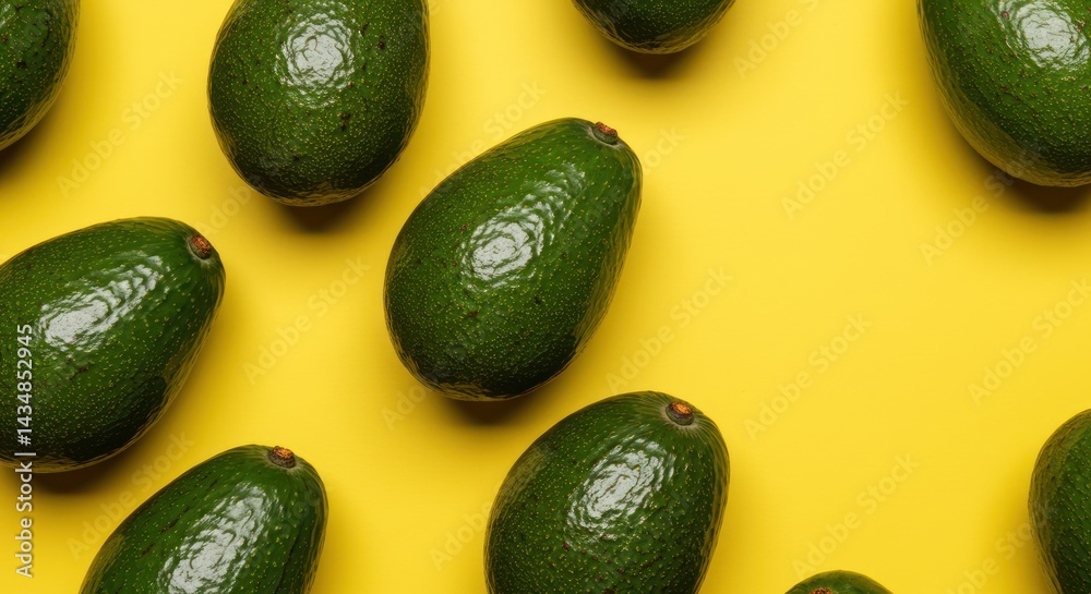 Several green avocados are arranged on a bright yellow background in a pattern. Several green avocados are arranged on a bright yellow background in a pattern.