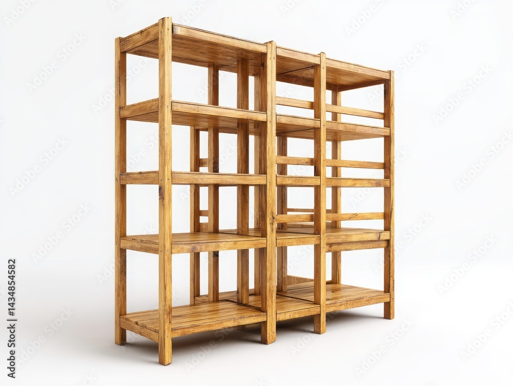 Two wooden shelving units stacked side by side against a white background Two wooden shelving units stacked side by side against a white background