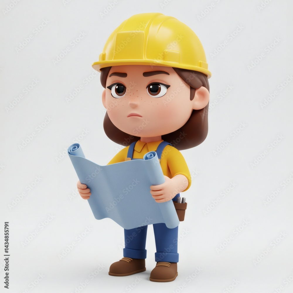 Focused Female Engineer: 3D Render of a girl studying blueprints