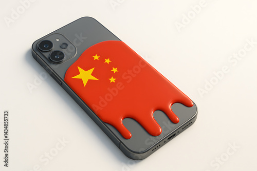 Symbolic image of Chinese influence on global tech — smartphone with red flag stain representing production dominance