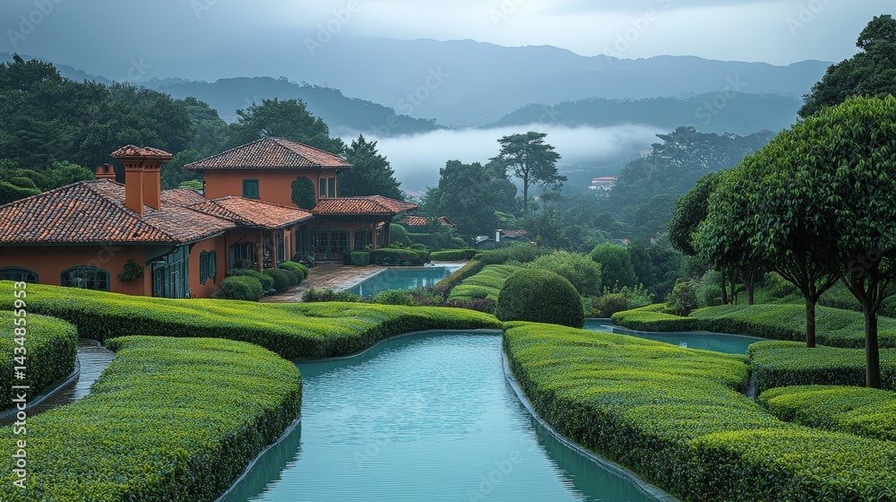Fototapeta premium Serene hillside estate with lush landscaping and pools.