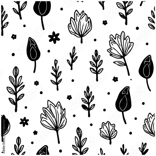 Monochrome botanicals elegantly arranged in a seamless repetitive structure
