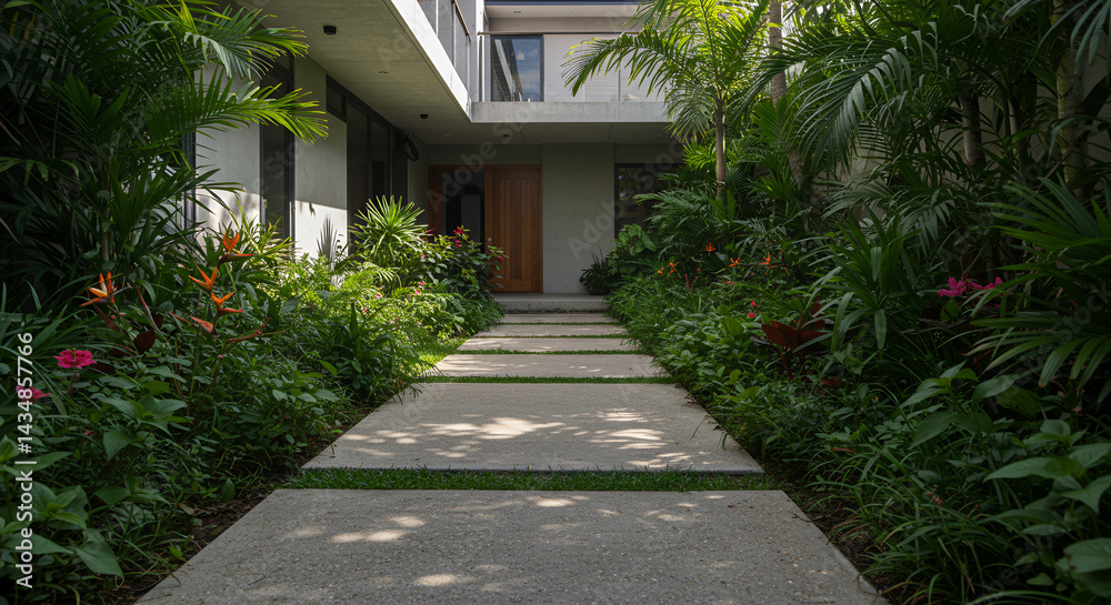 Fototapeta premium Serene Tropical Pathway Lush Greenery Modern Architecture and Tranquil Garden Design for Home and Lifestyle Imagery