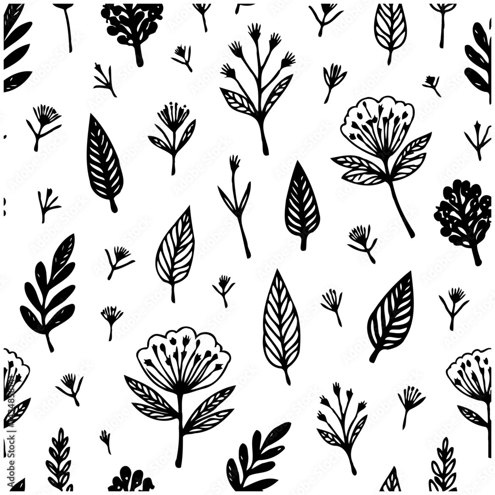 Fototapeta premium Botanical black and white seamless pattern with hand-drawn flowers and foliage