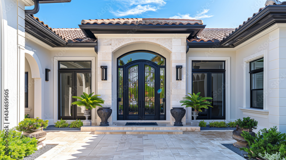 Fototapeta premium Elegant house facade with refined architectural details, embodying timeless sophistication and welcoming charm