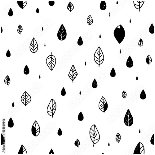Doodle style leaves and raindrops seamless pattern on white backdrop