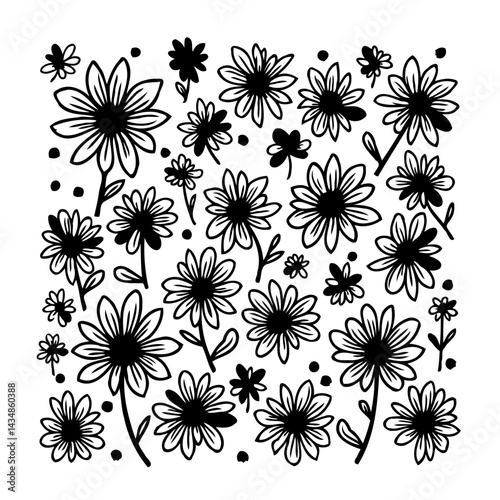 Doodle botanical arrangement of stylized flower heads in monochrome illustration