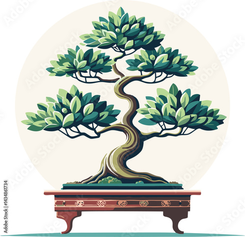 Serene Bonsai Tree in Elegant Pot, Vector Illustration