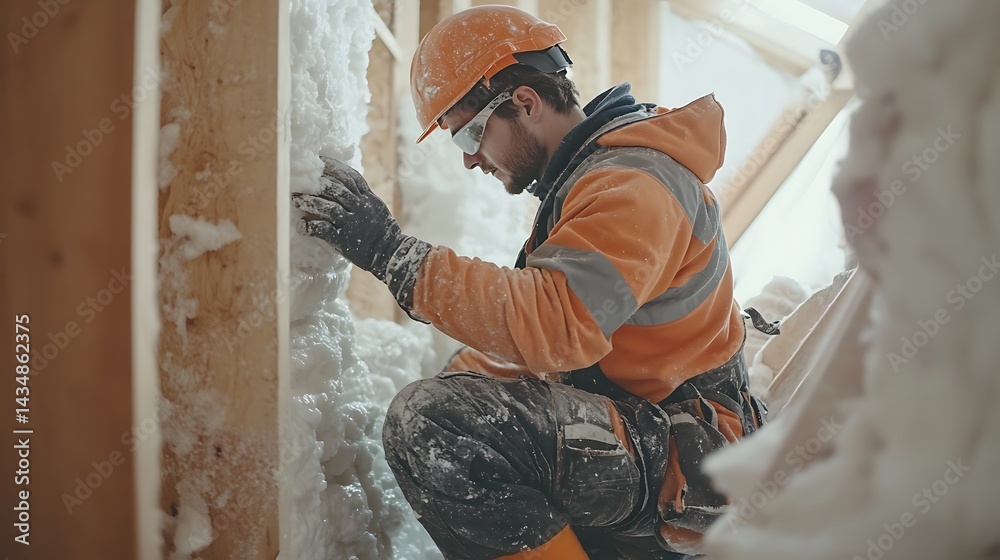 Construction Worker Installing Insulation Construction Worker Installing Insulation
