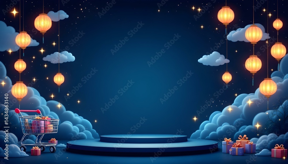 Naklejka premium A festive stage backdrop with glowing lanterns.