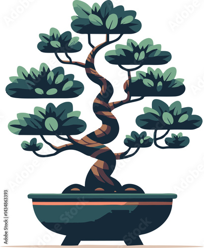 Flat vector cherry bonsai icon. Serene Bonsai Tree in Elegant Pot - Vector Illustration