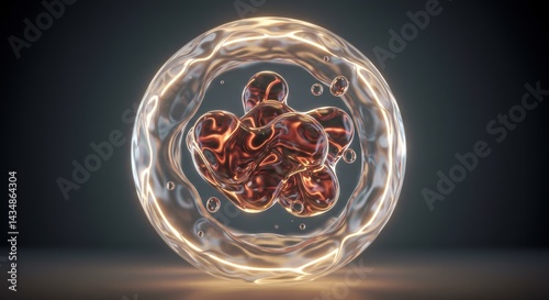 Abstract complex 3D structure of copper and glass-like spheres enclosed within a transparent sphere