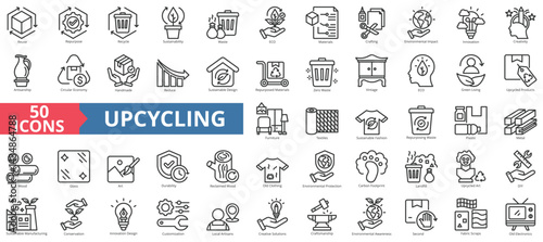 Upcycling icon collection set. Containing reuse, repurpose, recycle, sustainability, waste, eco, materials, crafting, environmental impact, innovation icon. Simple outline vector illustration.