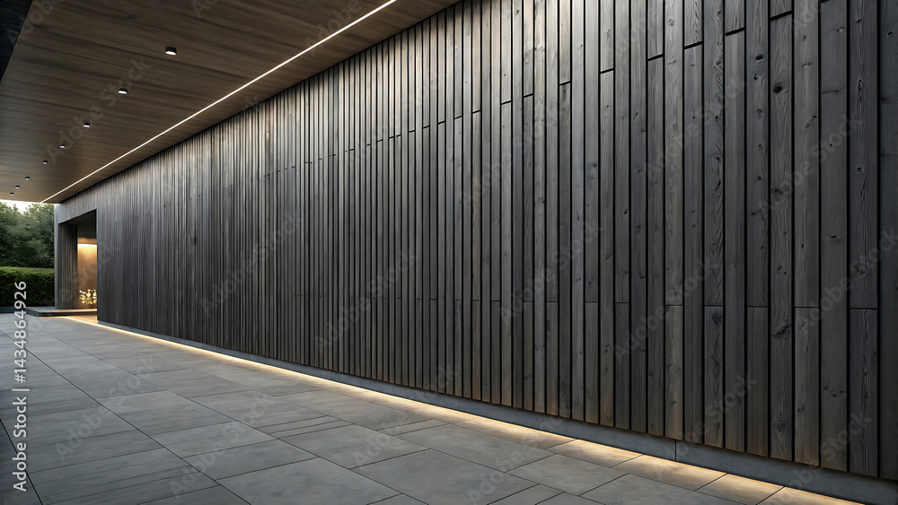 Modern Architectural Exterior: Dark Wood Cladding Wall with Integrated Lighting and Stone Patio Modern Architectural Exterior: Dark Wood Cladding Wall with Integrated Lighting and Stone Patio