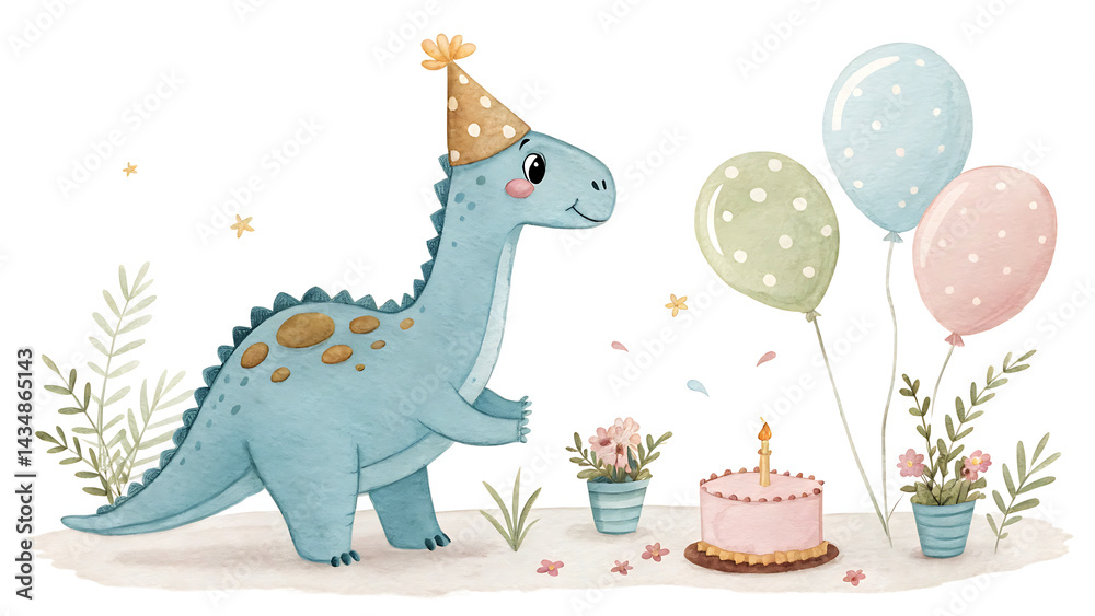 Fototapeta premium Adorable Watercolor Dinosaur Celebrating Birthday with Cake and Balloons - Cute Baby Dino Party Illustration