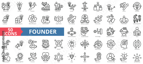 Founder icon collection set. Containing entrepreneur, visionary, innovator, acquisition, retirement, pioneer, risk taker, leader, strategy, startup icon. Simple outline vector illustration.