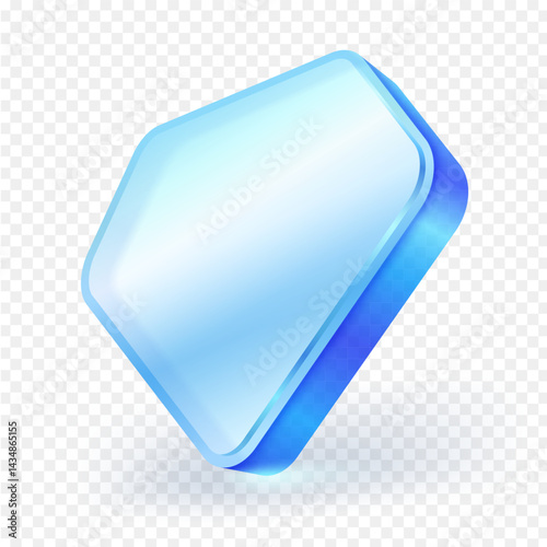 3D shiny blue glass diamond crystal icon with light reflection, isolated on transparent background. Modern geometric shape for UI, game, or app design. Realistic vector illustration.