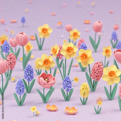 Pastel Bloom: A 3D Spring Meadow AI Generated