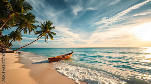 Coastal Beach Landscape with a Lonely Boat on the Shore