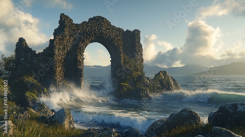 Ancient stone arch at the sea. Waves crash, sunny day, mountains visible in distance
