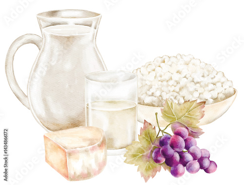 Delicious rustic food with cottage cheese, milk, cheese, jug, grapes on white background. Great for farm shops, eco product branding, healthy eating blogs, and rustic lifestyle postcards