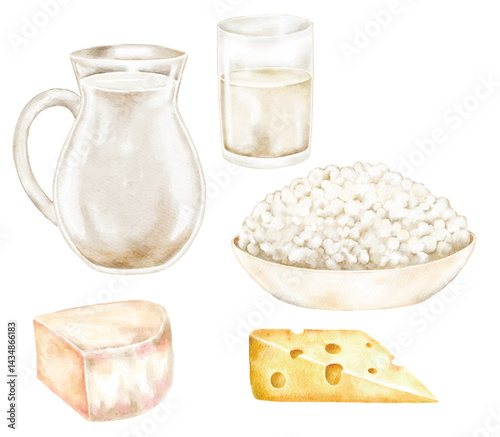 Delicious rustic food with cottage cheese, milk, cheese, and fresh bread on natural fabric. Great for farm shops, eco product branding, healthy eating blogs, and rustic lifestyle postcards