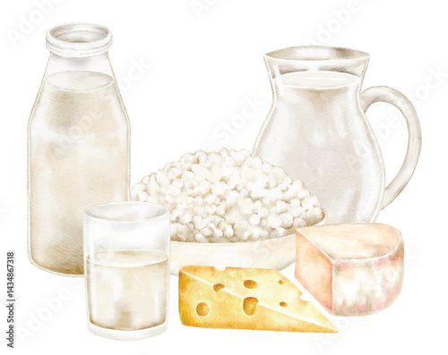 Minimalistic dairy set with jug, glass of milk, and cottage cheese on white background. Ideal for eco product packaging, minimalist food blogs, menus, and farm shop ads, Shavuot