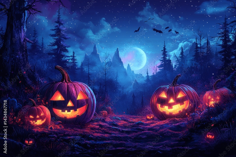 Jack-o'-lanterns glow in a spooky forest, moonlit mountains backdrop; Halloween Jack-o'-lanterns glow in a spooky forest, moonlit mountains backdrop; Halloween