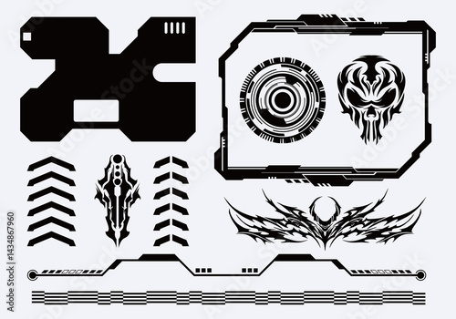 Tribal cyberpunk futuristic interface frame border clip art vector t shirt design element skull head sticker poster editable