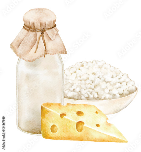 Minimalistic dairy set with jug, glass of milk, and cottage cheese on white background. Ideal for eco product packaging, minimalist food blogs, menus, and farm shop ads, Shavuot