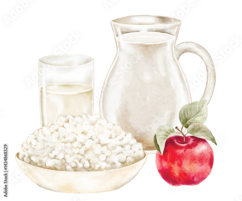 Minimalistic dairy set with jug, glass of milk, and cottage cheese on white background. Ideal for eco product packaging, minimalist food blogs, menus, and farm shop ads
