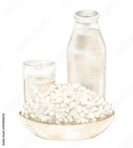Minimalistic dairy set with jug, glass of milk, and cottage cheese on white background. Ideal for eco product packaging, minimalist food blogs, menus, and farm shop ads