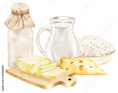 Minimalistic dairy set with jug, glass of milk, and cottage cheese on white background. Ideal for eco product packaging, minimalist food blogs, menus, and farm shop ads.