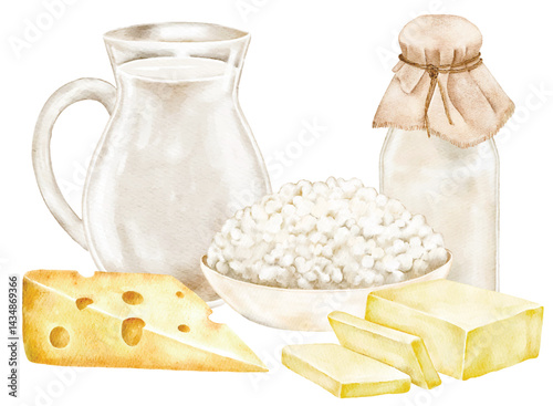 Farmhouse dairy composition with jug of milk, cottage cheese, and cheese on wooden board. Perfect for eco farm ads, culinary menus, rustic postcards, and local organic shop promotions