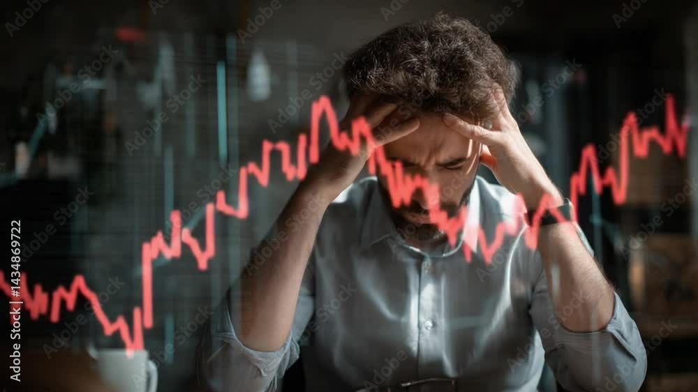 Financial Stress: A man clutches his head, a visual representation of economic downturn and the burden of financial stress, with a graphic of a declining graph superimposed over his silhouette. 