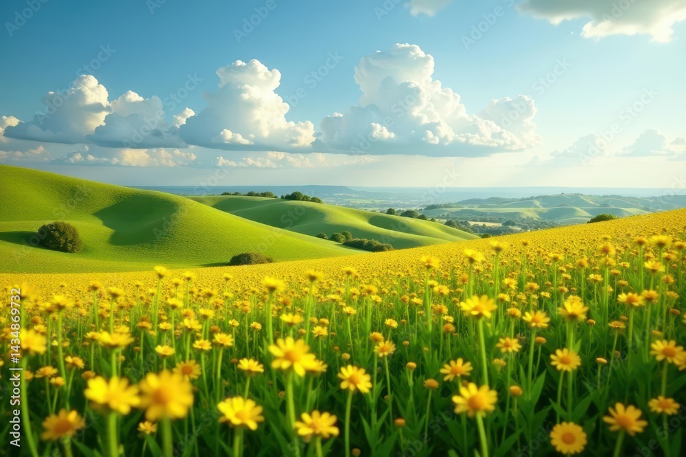 Obraz premium Rolling hills of Texas, awash in dense yellow wildflowers , country, photography