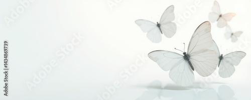 Several white butterflies, slightly blurred, against a bright white background, invertebrate, wildlife, spring