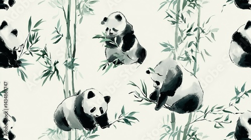 Repeating pattern of panda bears amidst bamboo stalks.