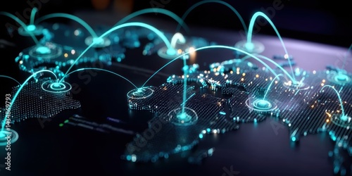 Global business connections illustrated by dotted lines and digital points around a world map, showing intercompany communication.