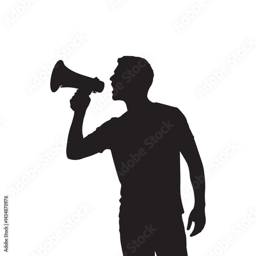 A man is miking with megaphone silhouette on white background