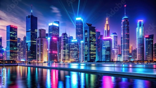 Modern Front View with City Skyline at Night, neon lights, contemporary architecture